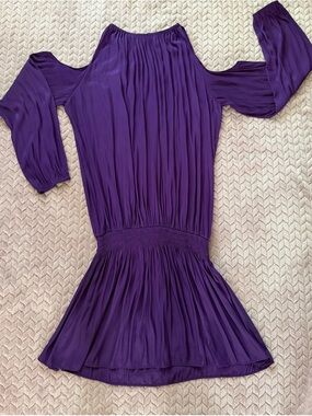 Ramy Brook Purple Off-Shoulder Pleated Waist Mini Dress